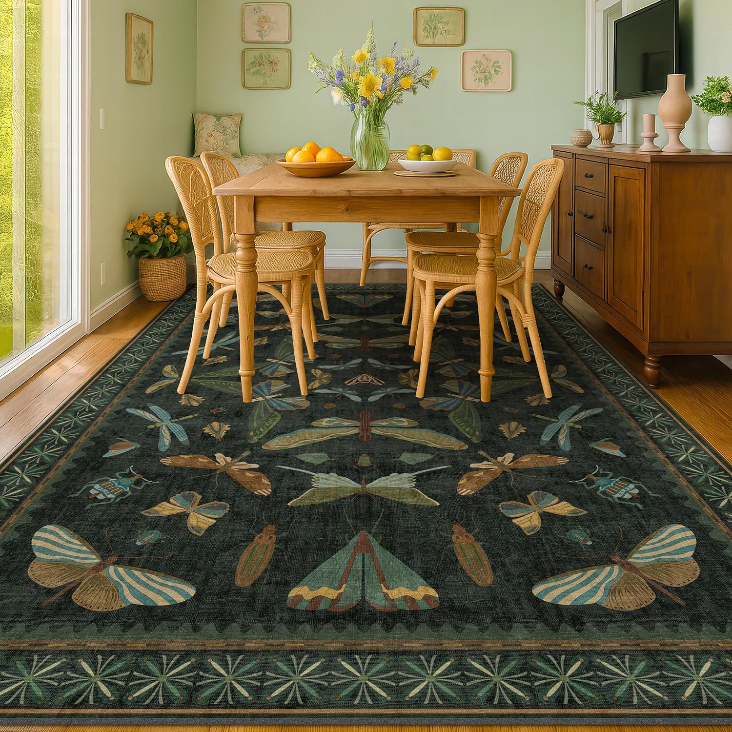 Detalle de 6x9 Dark Green Area Rug with Insect Floral Design — Non-Slip, Low-Pile for Dining, Living, and Bedrooms