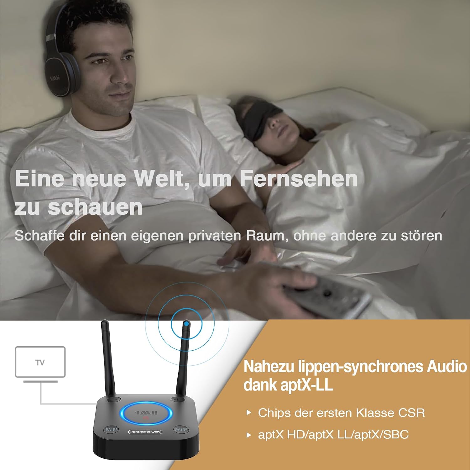 Detalle 2 de 1Mii B06TX Bluetooth 5.3 Transmitter für TV – aptX HD & Low Latency, Dual-Link, Großer Reichweite