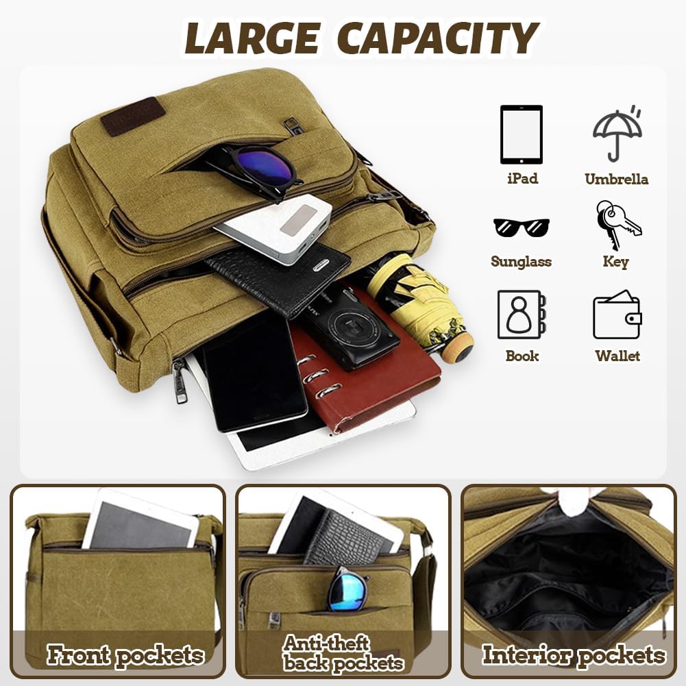 Thumbnail 3 de Aucuu Sac à Bandoulière en Toile Vintage – Messager, 33×30×12 cm, bandoulière réglable