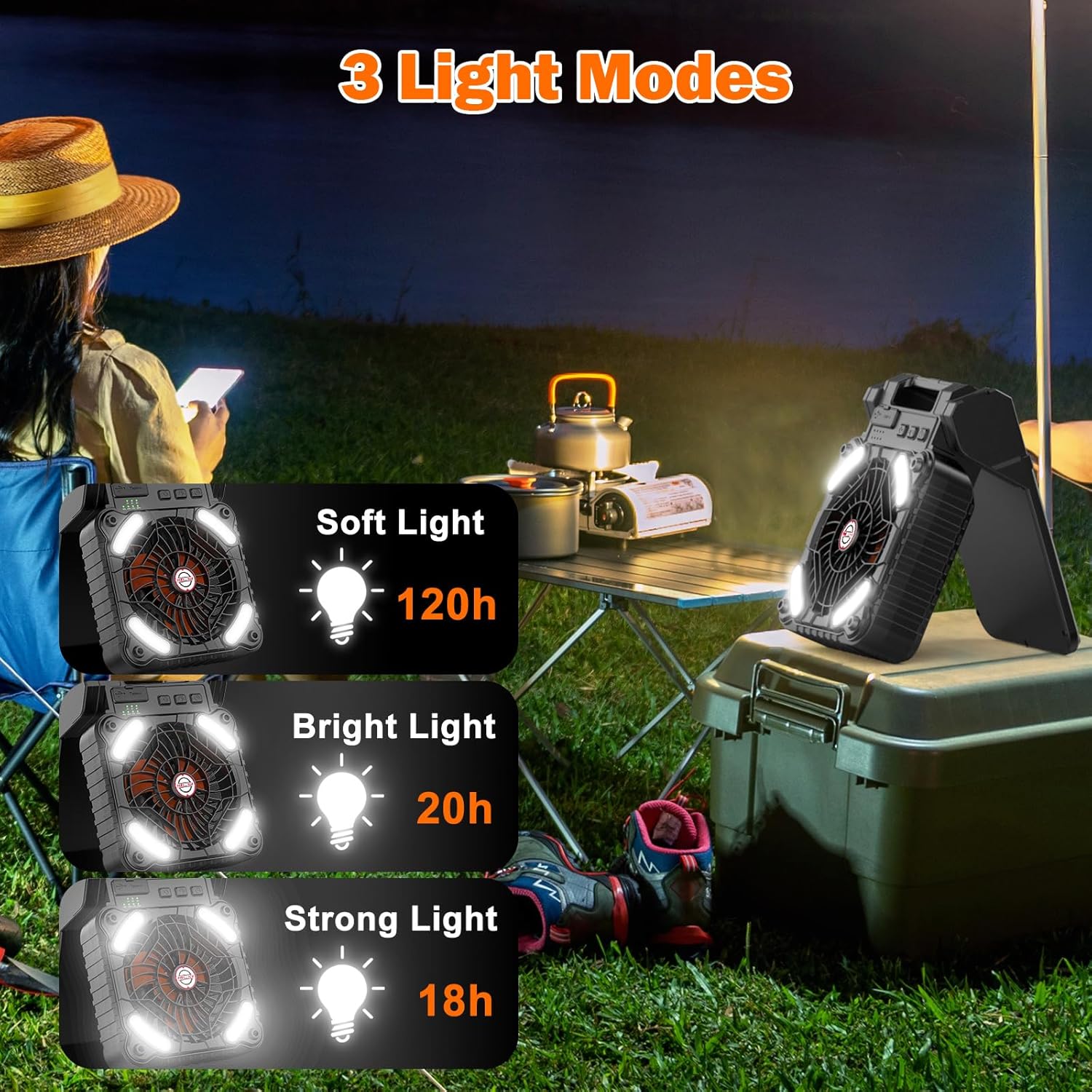 Thumbnail 4 de iYeHo Ventilatore da campeggio a energia solare con lanterna e batteria ricaricabile da 10.400 mAh