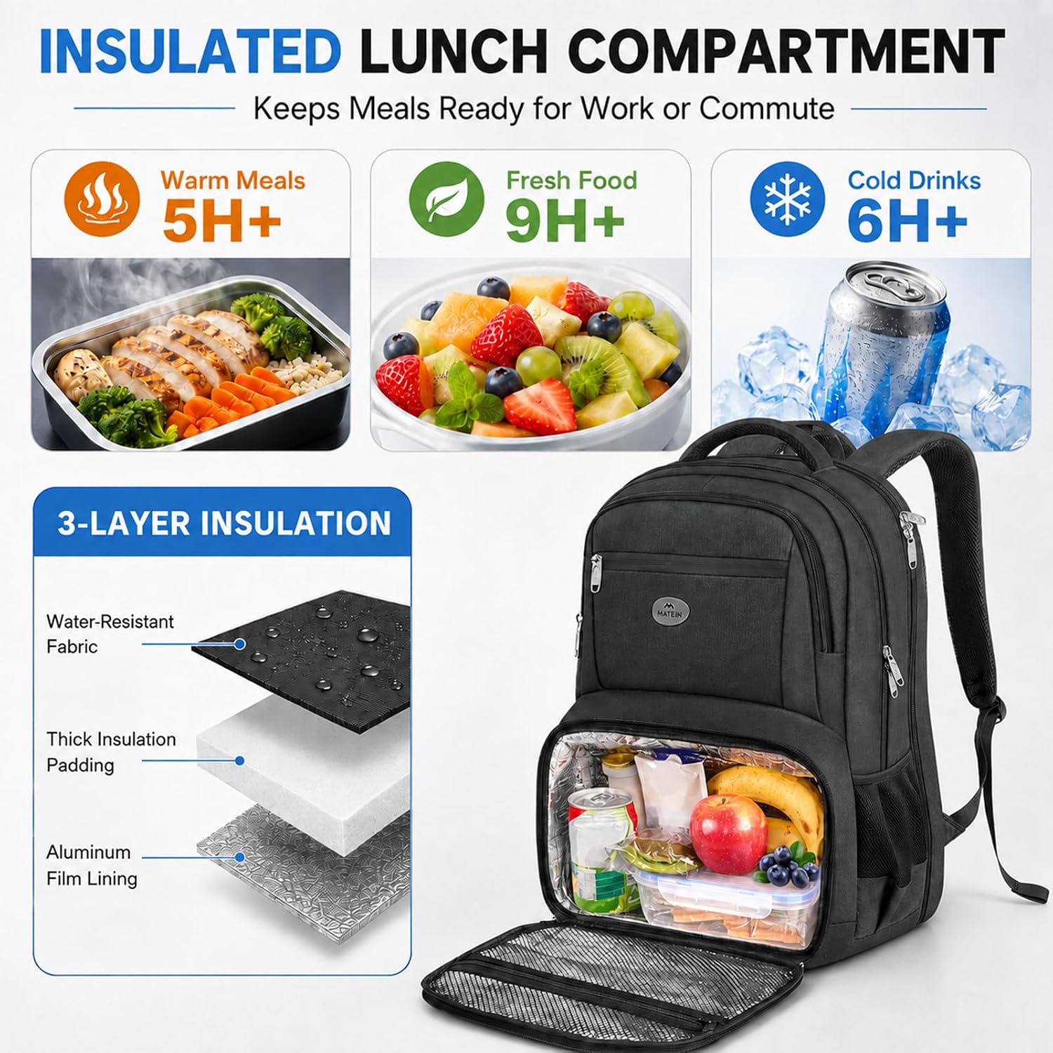 Thumbnail 1 de MATEIN Mochila portátil 17 pulgadas con compartimento térmico y puerto USB (TSA) – Negro