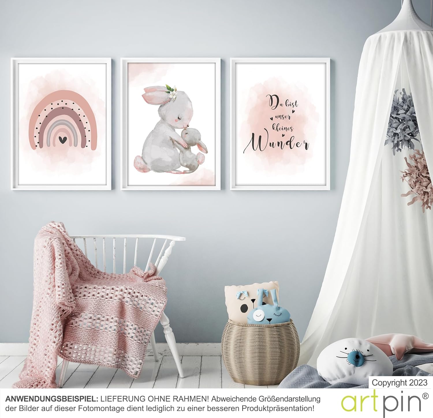 Thumbnail 2 de artpin® 3er-Set Poster Kinderzimmer Regenbogen Hasen A4 (ohne Rahmen) für Mädchen – Rosa/Grau