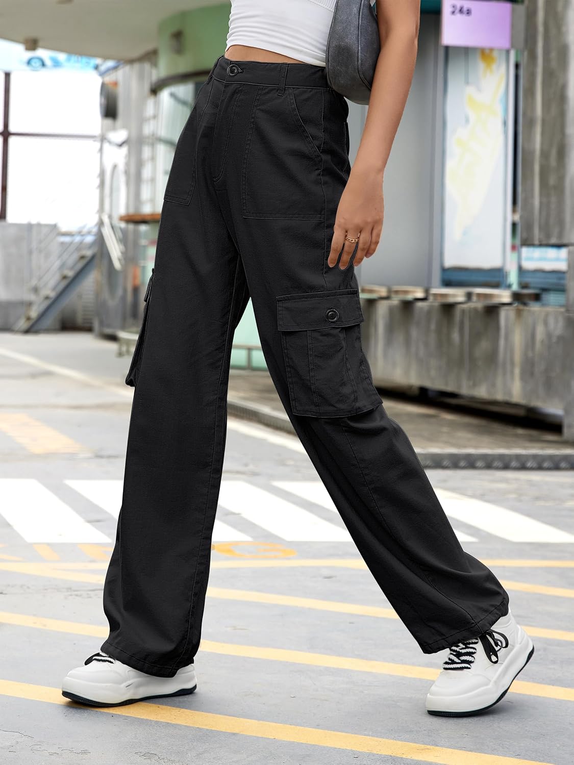 Detalle 2 de ZMPSIISA Women's High-Waisted Wide-Leg Cargo Pants, 6 Pockets, Cotton-Spandex Blend