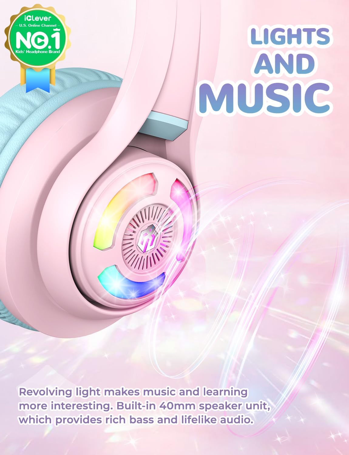 Detalle 2 de iClever Kids BTH13 Bluetooth Cat Ear Headphones with LED Lights and Volume Limiting (Wireless + 3.5mm)