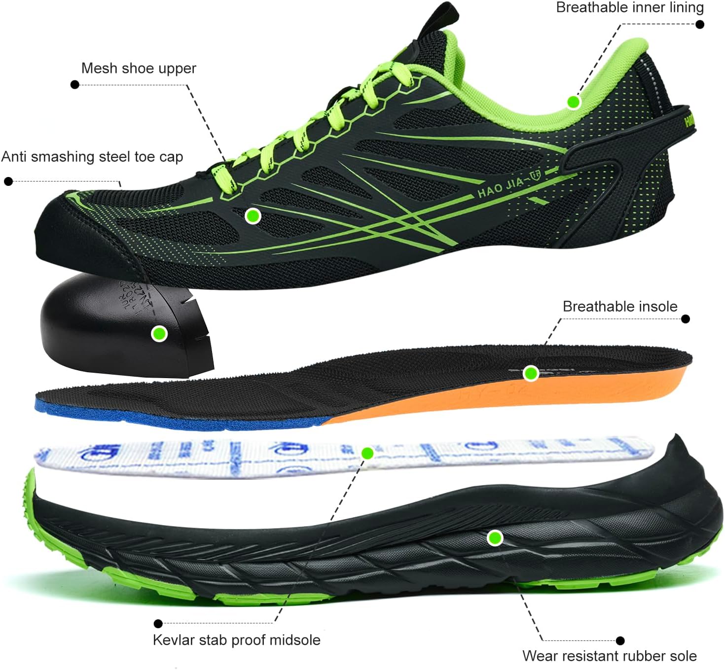 Thumbnail 5 de RUGNOR Safety Trainers Steel Toe Cap Trainers with Non-Slip Sole (Green) – Lightweight, Breathable Work Shoes