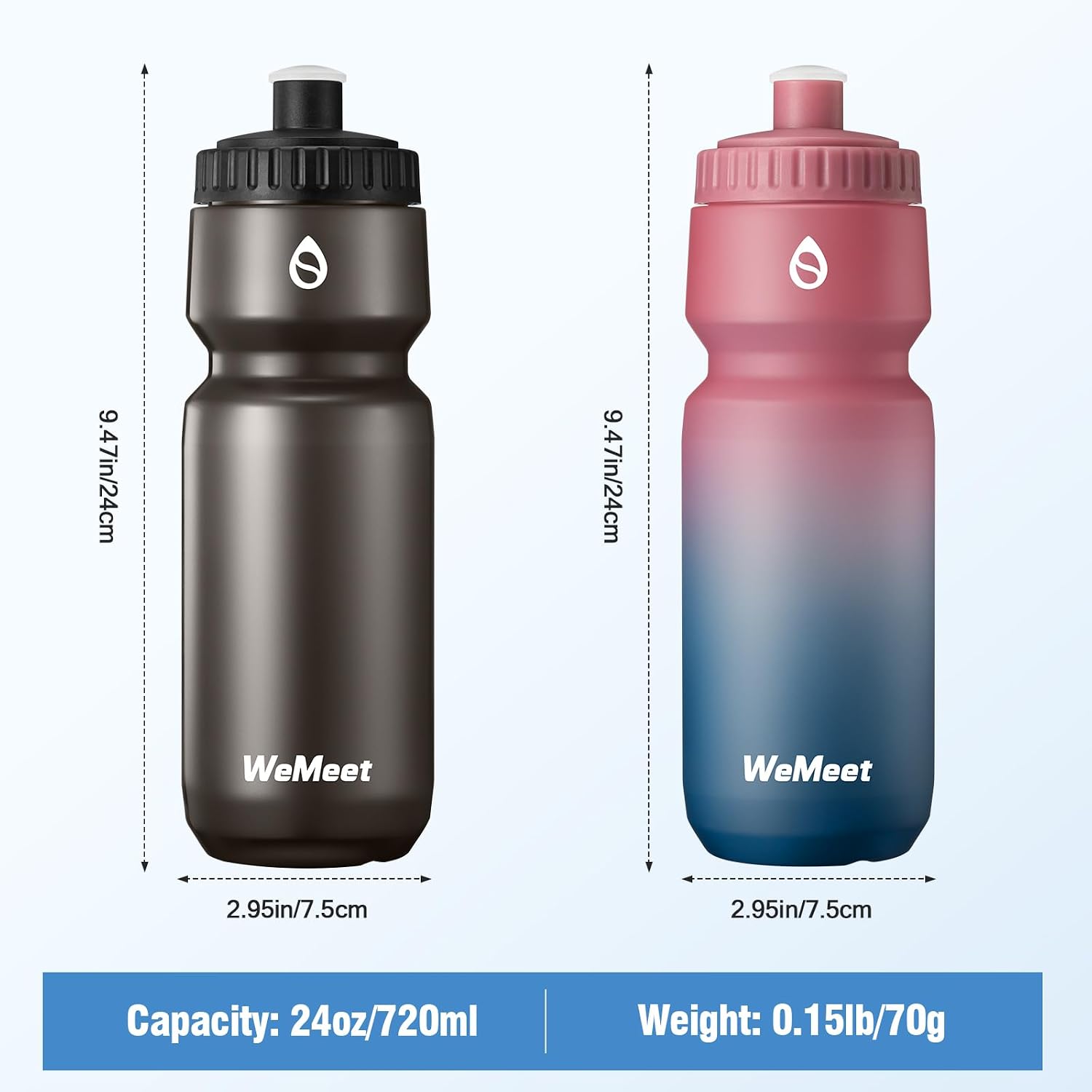 Detalle 2 de WEMEET Mountainbike Wasserflasche im 2er-Set (700 ml) mit selbstdichtendem Deckel, BPA-frei – Schwarz/Rot/Blau