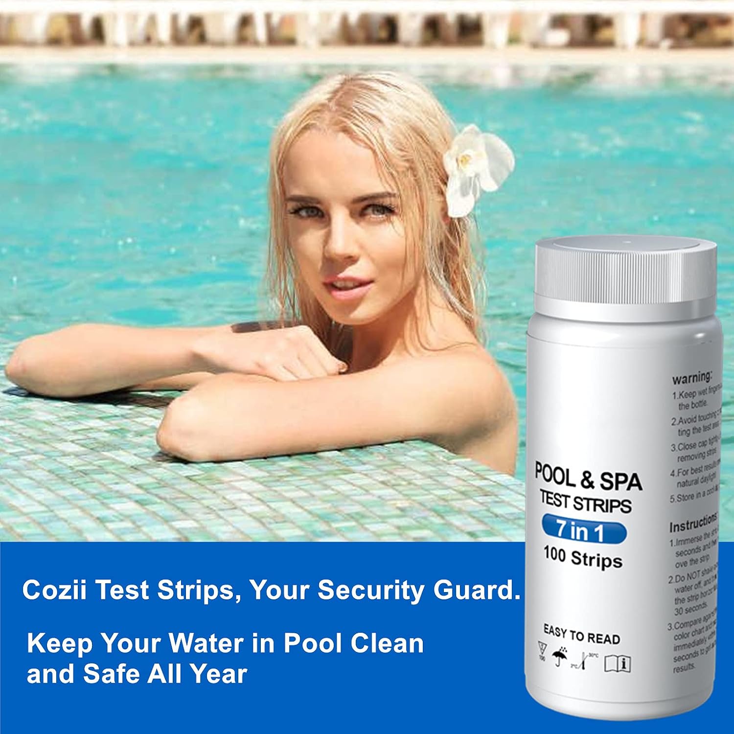 Detalle 2 de Cozii zwembadteststrips 7-in-1, 100 stuks voor pH en waterwaarden