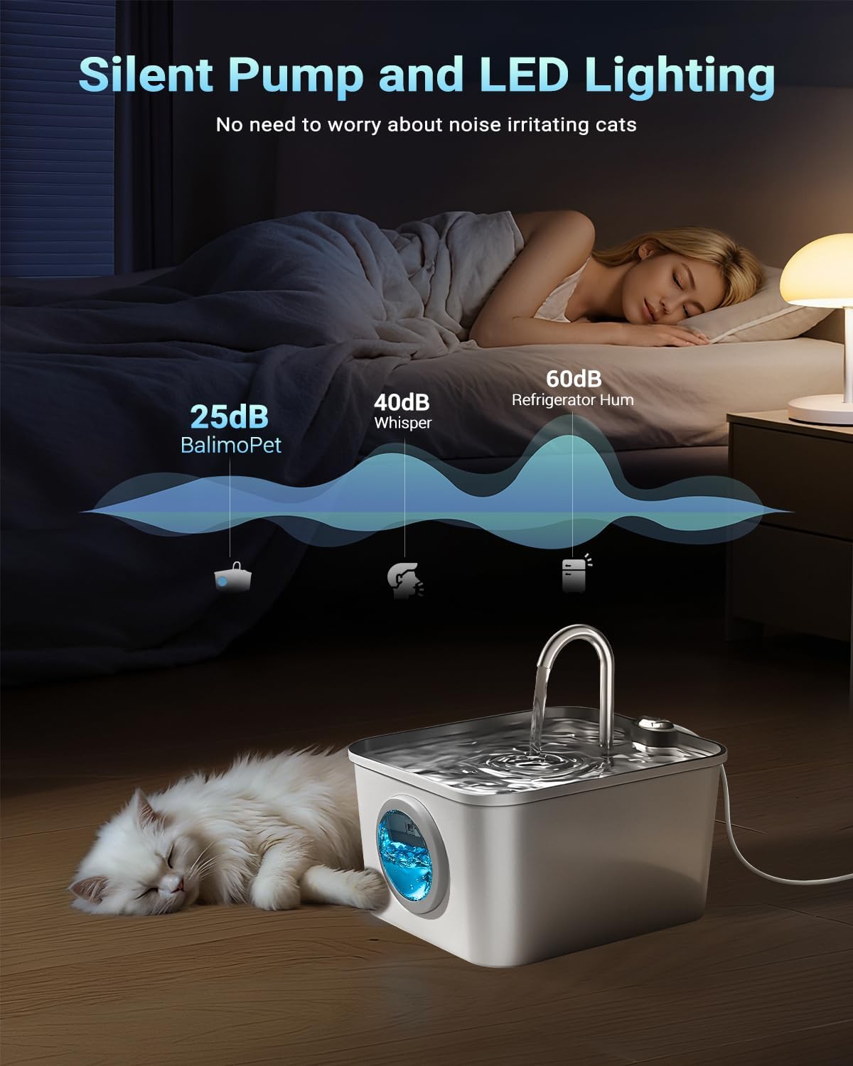 Thumbnail 3 de BalimoPet Katzenbrunnen aus Edelstahl mit 2,6-l-Wasserbehälter, LED und Aktivkohlefilter