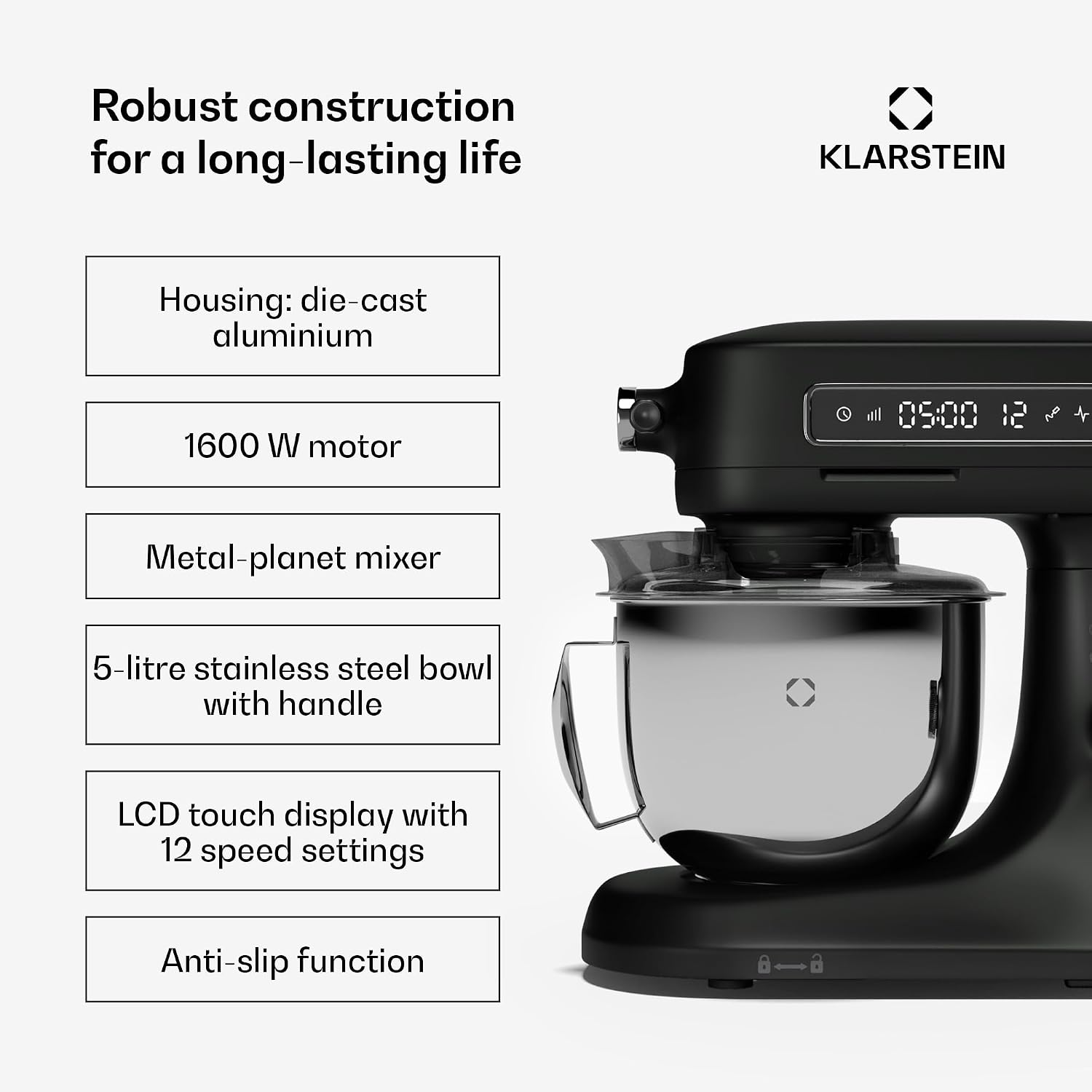 Thumbnail 1 de Klarstein Chiara Stand Mixer, 1,600 W, 5 L Bowl, 12 Speeds and LCD Touch Display