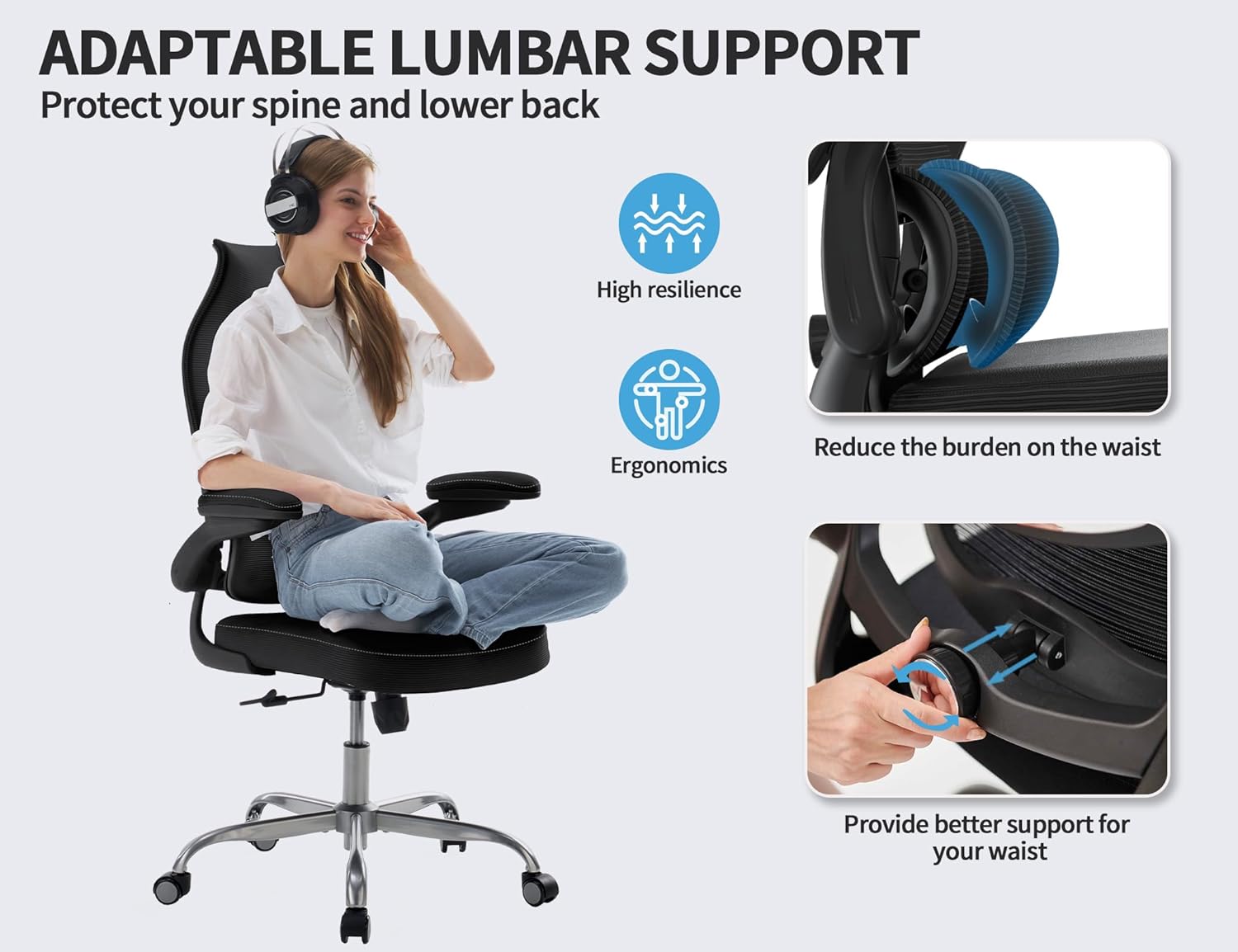 Thumbnail 2 de TRALT Ergonomic Office Chair with S-Curve High Back & Adjustable Lumbar Support (Black)