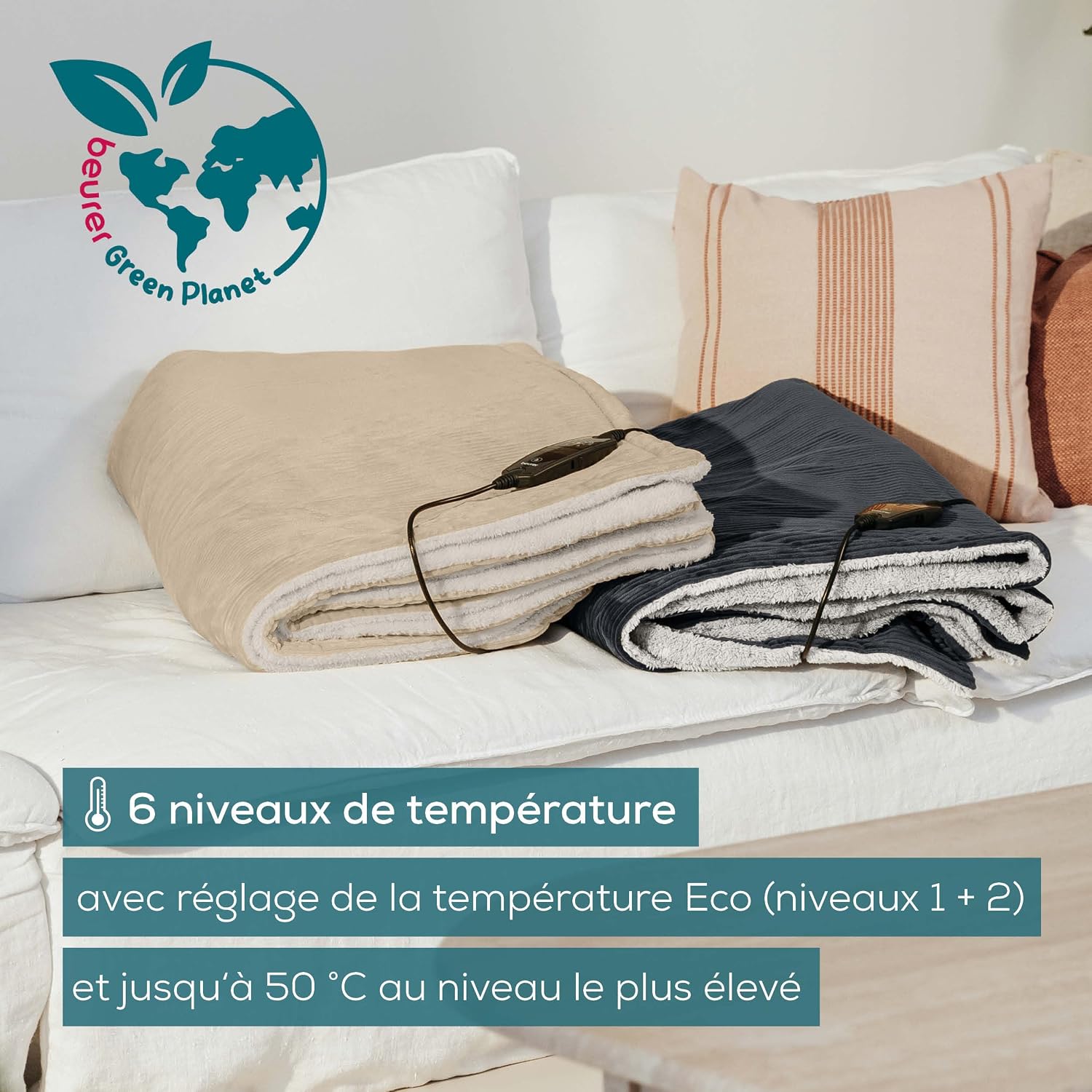 Detalle 2 de Beurer HD 80 couverture chauffante en velours côtelé beige 180x130
