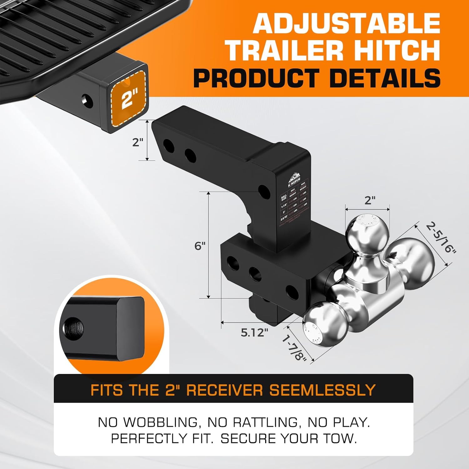 Thumbnail 1 de Kingfun Adjustable Trailer Hitch (2-inch receiver) with tri-ball setup, 6-inch drop/rise, up to 12,500 lbs GTW