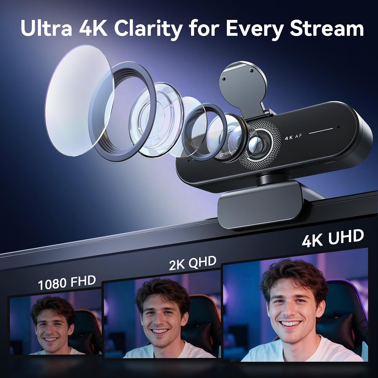 Detalle 2 de EMEET C60E 4K Webcam with PDAF Autofocus, Dual Mics and Light Correction