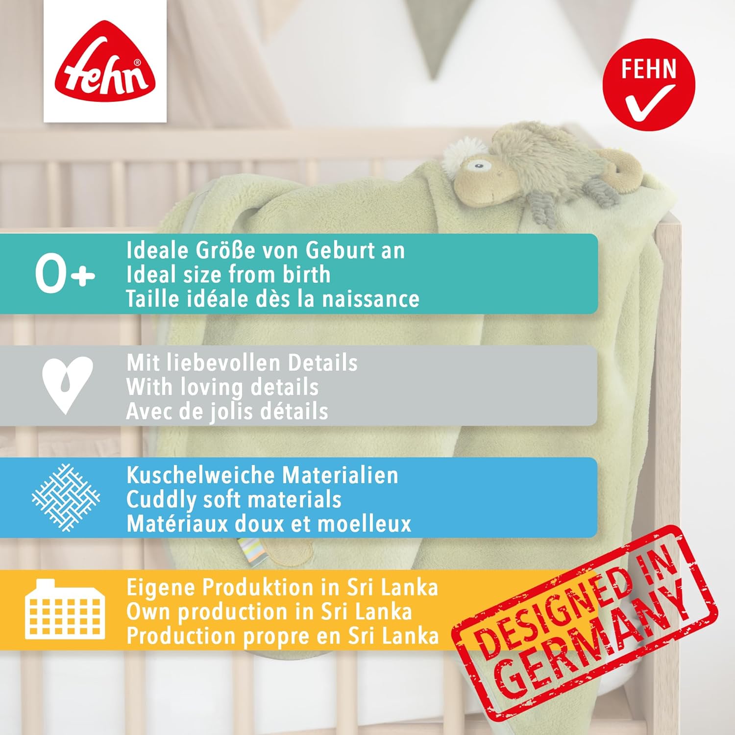 Detalle 2 de Fehn Kuscheldecke Schaf – Kuschelige Babydecke und Schmusetuch für unterwegs