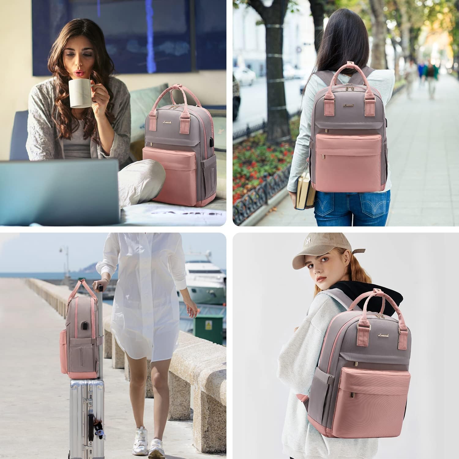 Detalle de LOVEVOOK Women's 15.6 Inch Laptop Backpack – Water-Resistant, USB Port, Grey & Pink