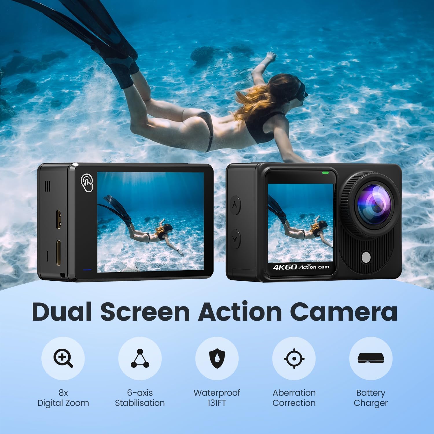 Thumbnail 1 de TIMNUT Touchscreen 4K60FPS Action Cam mit Dual-Screen, 40 m Unterwasserkamera und 8X Zoom