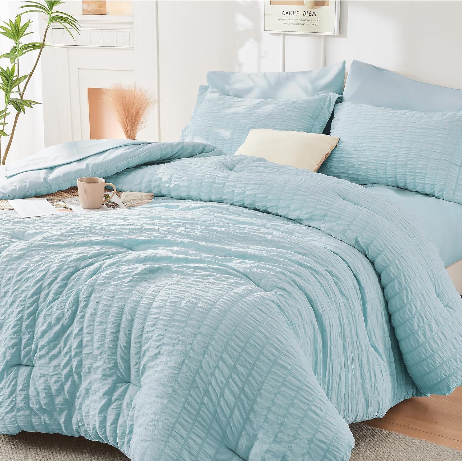 Detalle de HYMOKEGE Lake Blue King Seersucker Comforter Set, 7-Piece Bed in a Bag