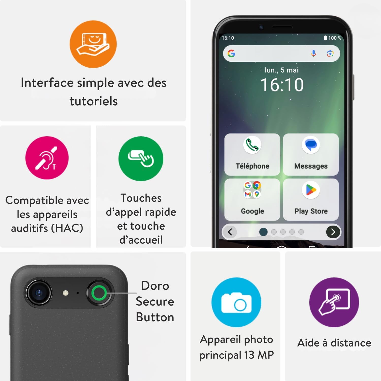 Thumbnail 2 de Doro Aurora A10 – Téléphone portable senior simple et sûr avec SOS, GPS et assistance vocale