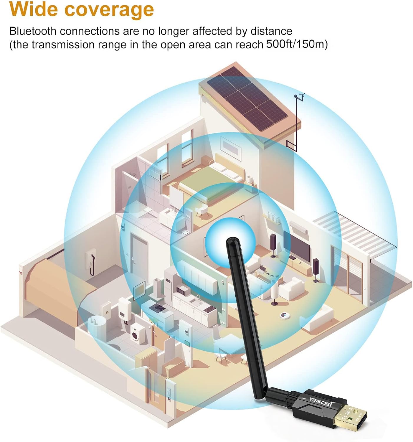 Detalle 2 de Techkey Long Range USB Bluetooth 5.3 Adapter (Class 1, up to 328ft) for Desktop PC