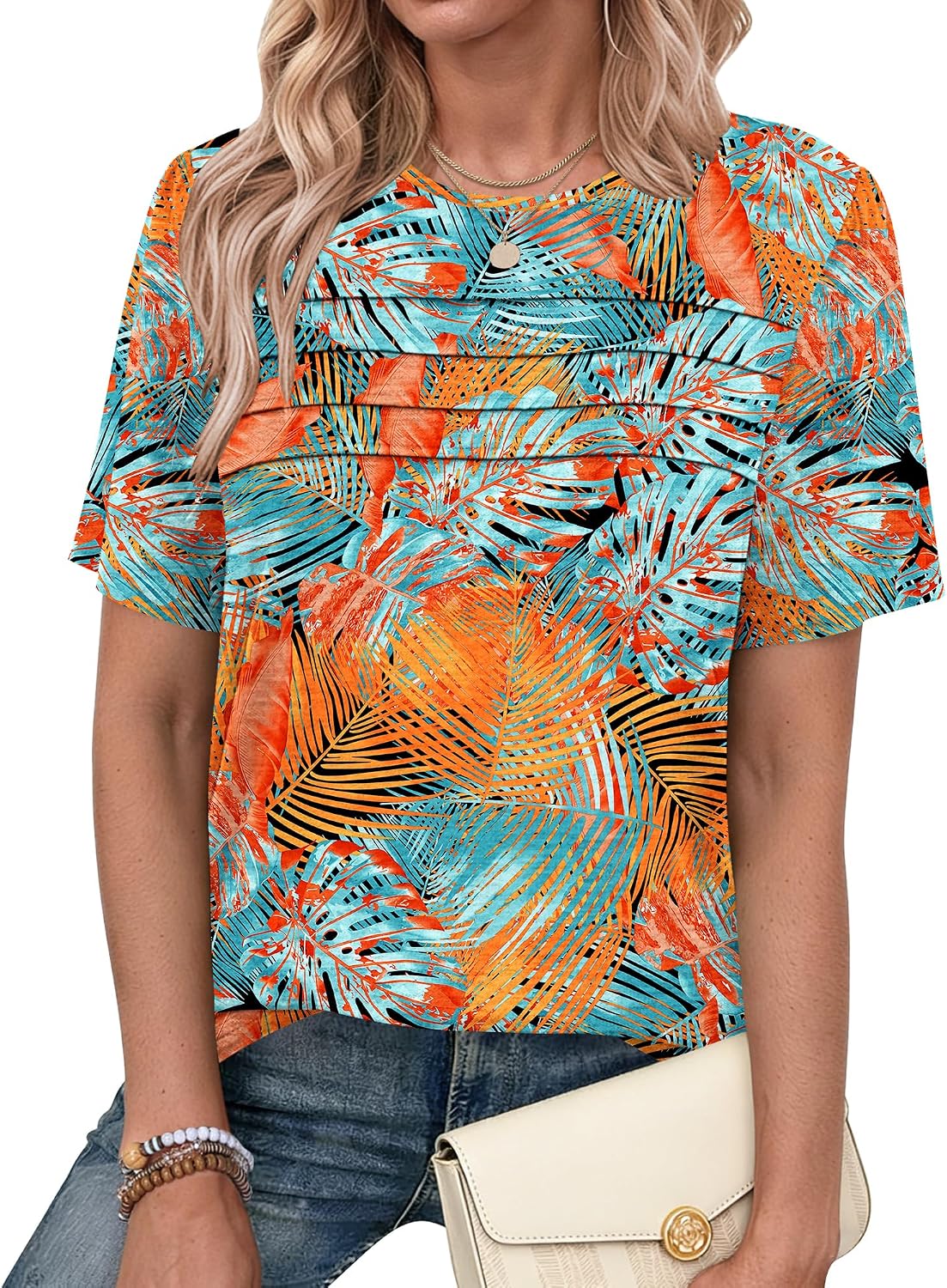 Detalle de PLMOKEN Magliette Donna Manica Corta Estive a Pieghe – Camicia Casual con Collo Rotondo