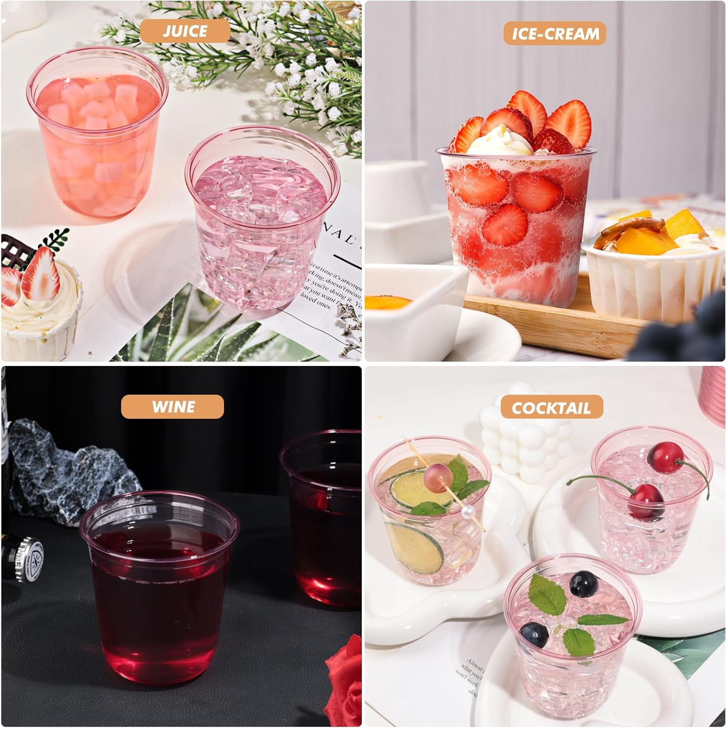 Detalle de KesaPlan 100 Pcs Pink 12oz Plastic Stemless Wine Glasses
