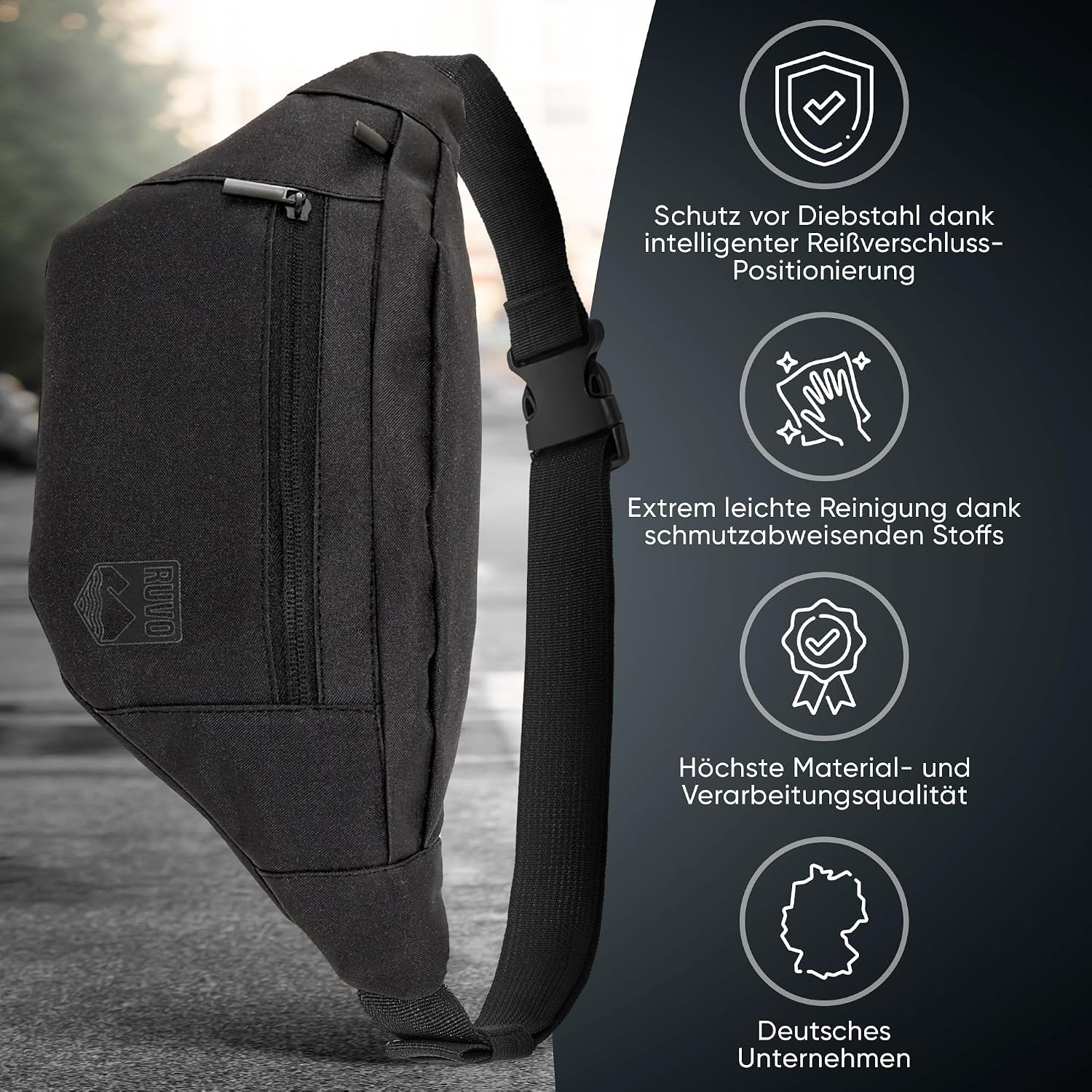 Detalle de RUVO® Bauchtasche für Herren und Damen – wasserabweisende Hüfttasche mit 4 Reißverschluss-Fächern