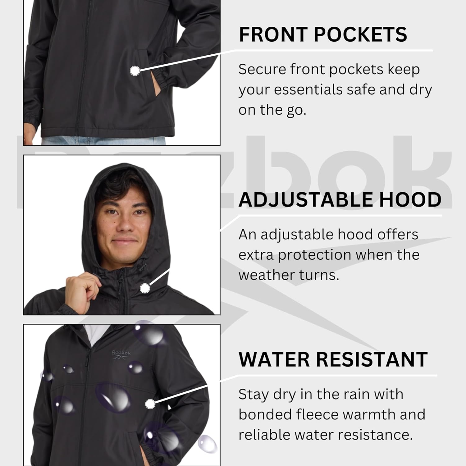 Detalle 1 de Reebok Rain Jacket Men Waterproof Windbreaker ⛱