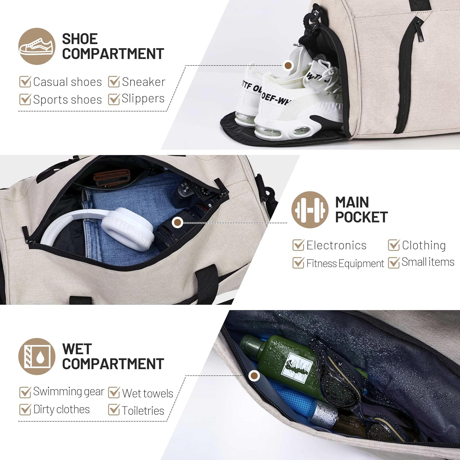 Thumbnail 3 de BECOJADDE Gym Bag for Women and Men with Shoe Compartment & Wet Pocket, 35L – Beige