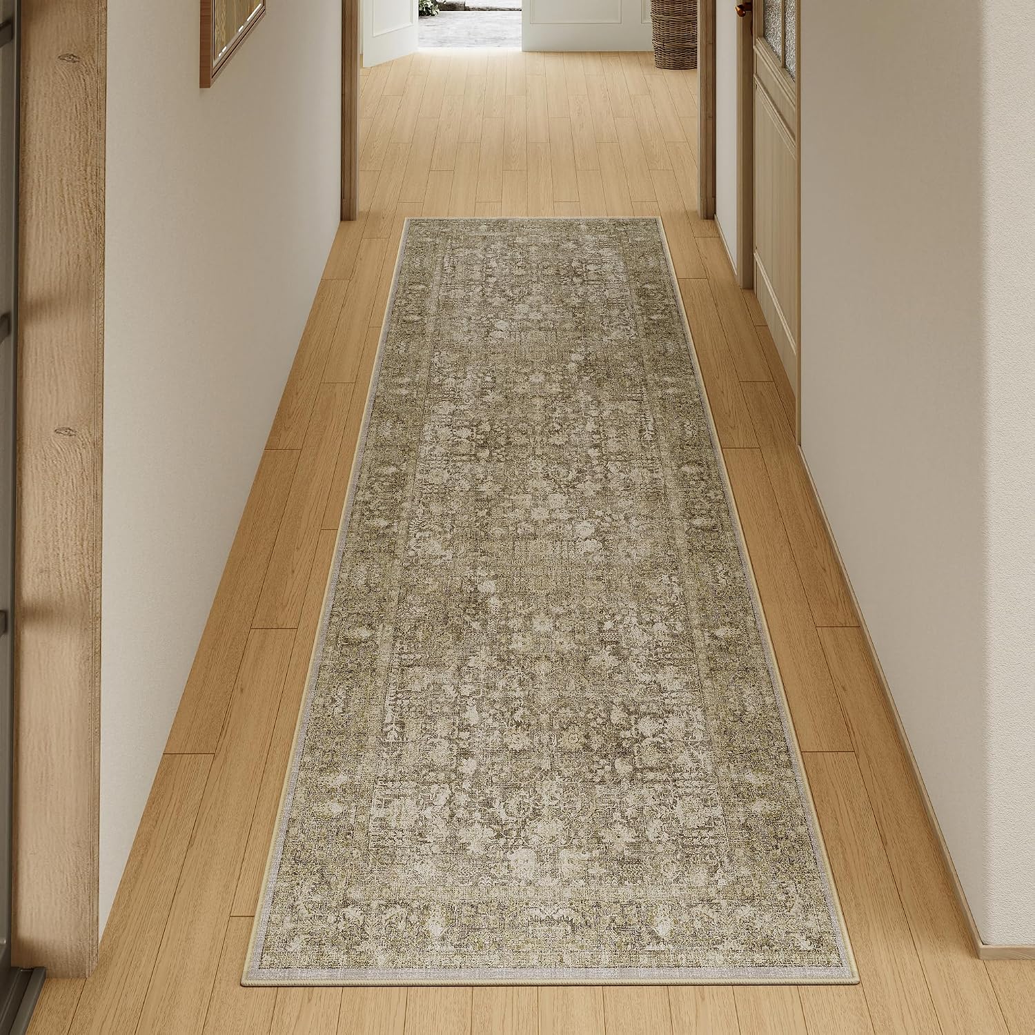 Detalle de HUGEAR Vintage Braun waschbarer Teppich 60x240 cm – rutschfest, kurzflorig für Flur & Vorzimmer
