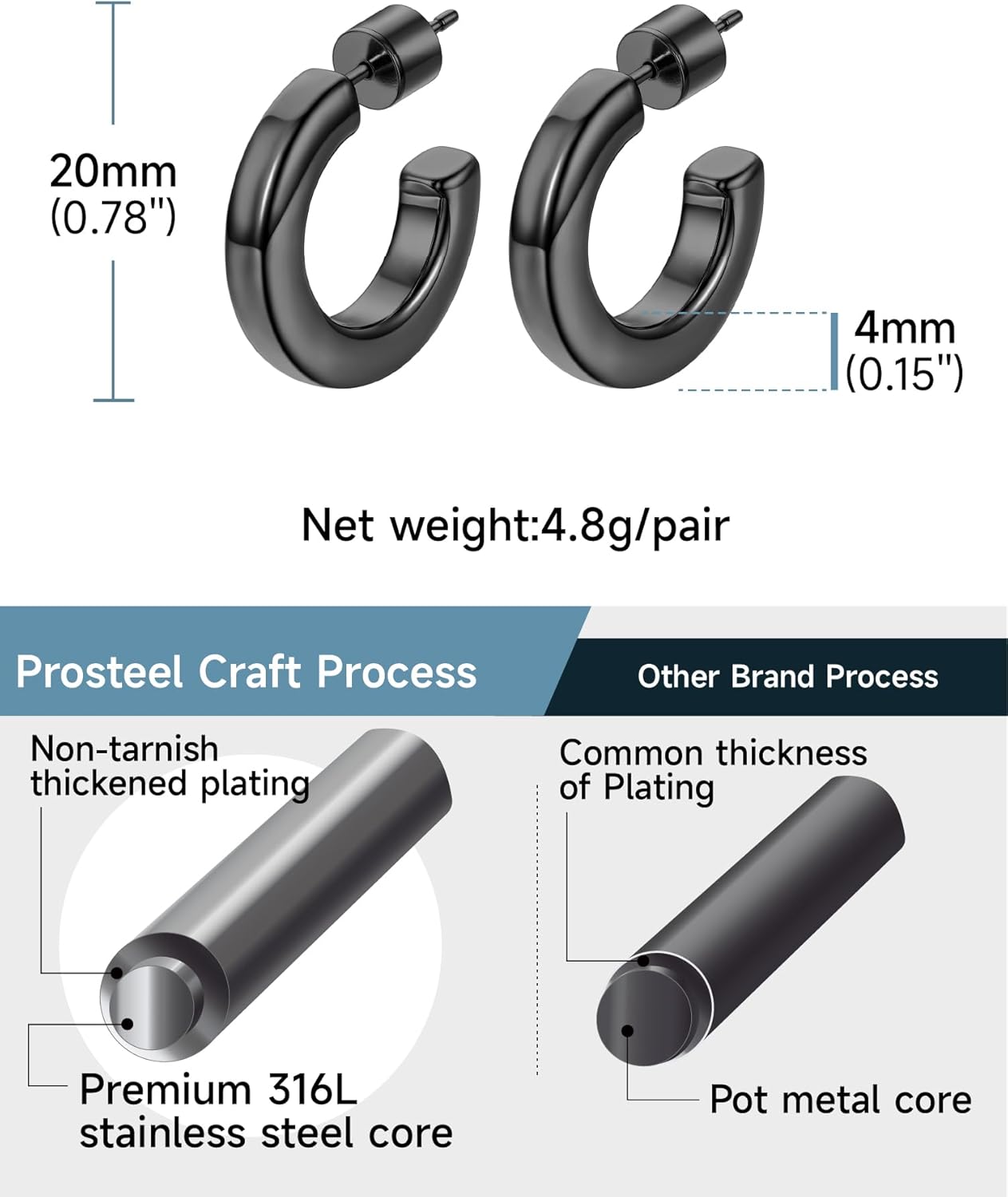 Thumbnail 4 de PROSTEEL Demi-créoles carrées ouvertes en acier inoxydable 316L (noir ou plaqué or) — tailles 20, 30, 40, 60 et 80 mm