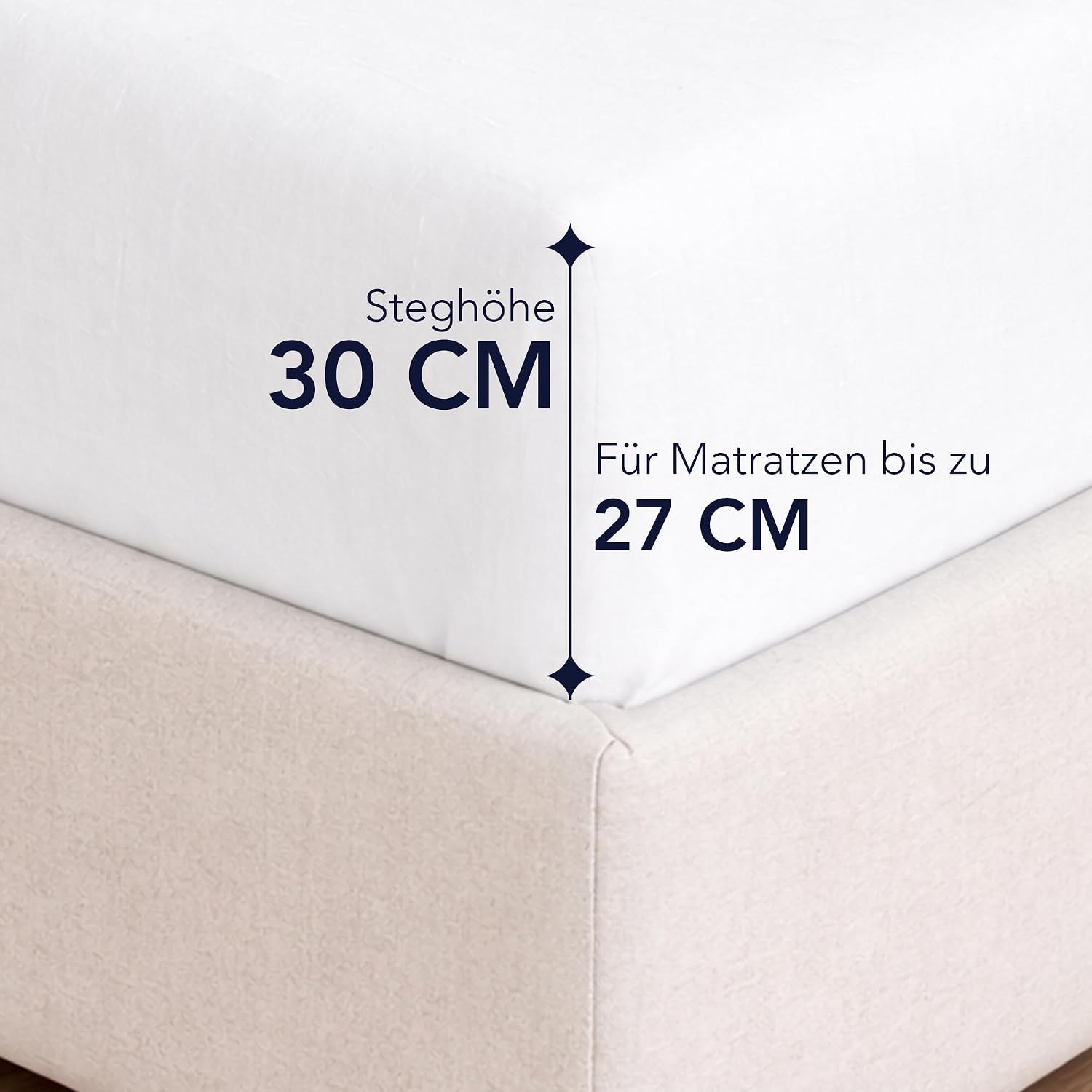 Detalle de Dreamzie Spannbettlaken 160x200 cm (Jersey, 100% Baumwolle) – Steghöhe 30 cm, weiß