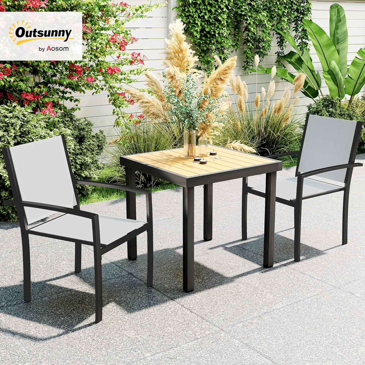Thumbnail 1 de Outsunny Lot de 2 chaises de jardin empilables avec accoudoirs – cadre acier, gris clair