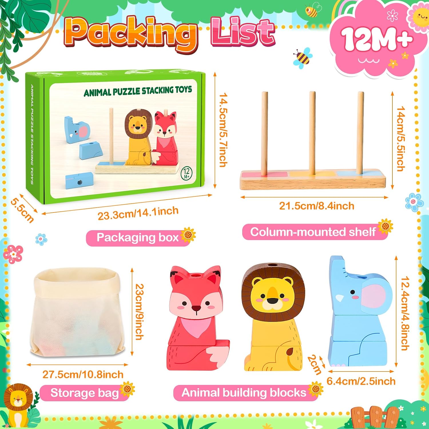 Detalle 2 de Montessori Wooden Stacking Animal Toy Set for 1–3 Year Olds (Elephant, Lion, Fox)