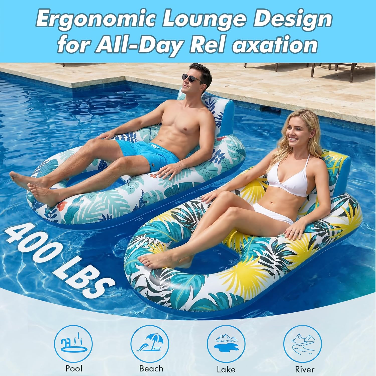 Thumbnail 2 de 2-Pack Adult Pool Float Loungers with Cup Holders, Backrest & Footrest (Pink/Blue)