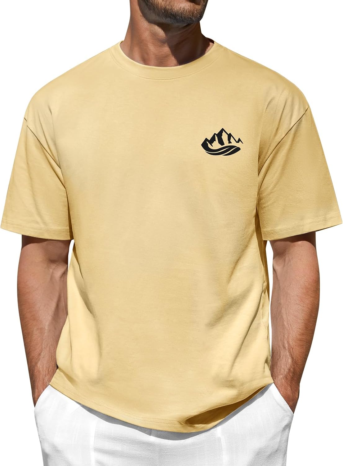 Detalle de Xnova Mountain Pattern Cotton T-Shirt – Men's Short Sleeve Crew Neck