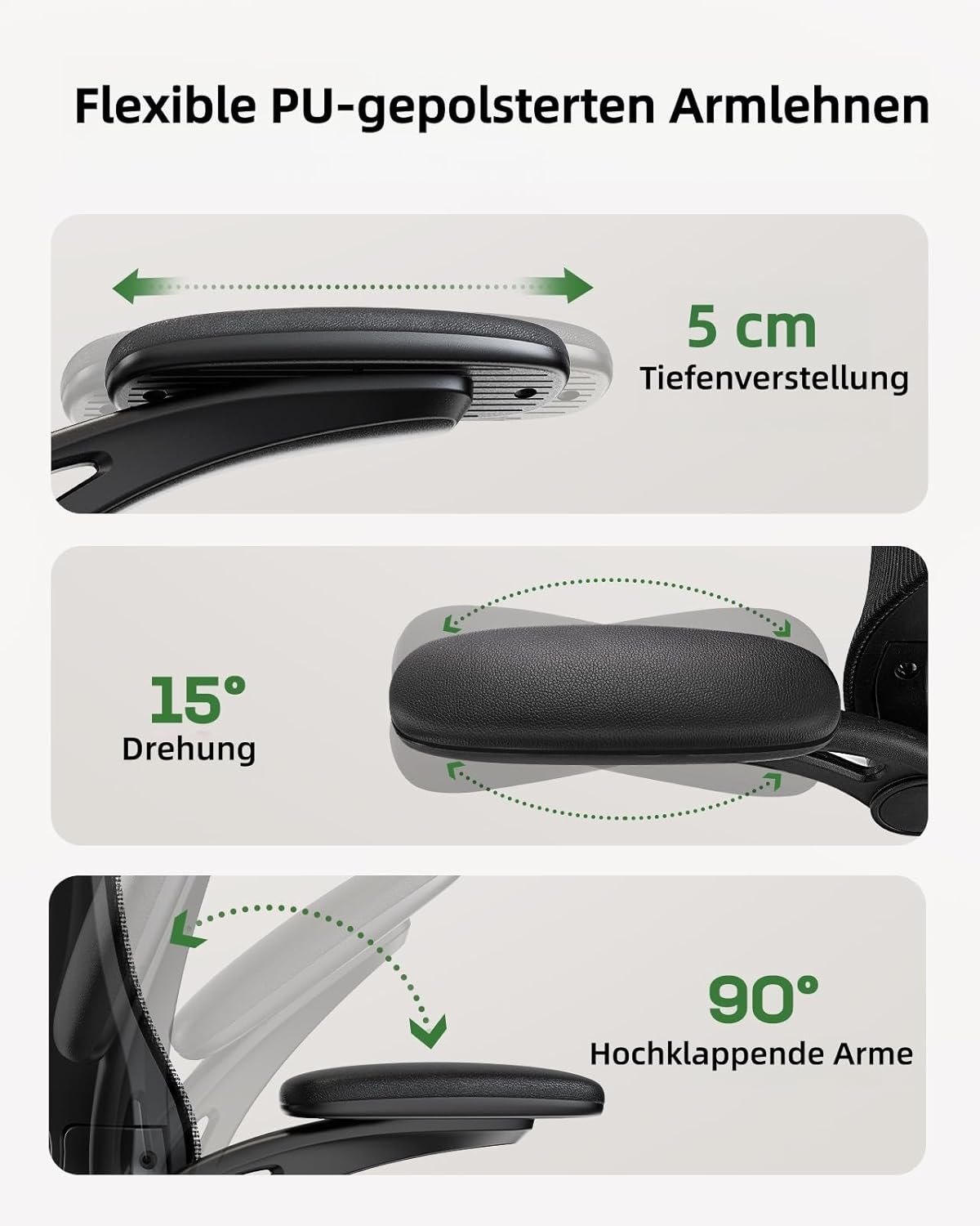 Detalle de Marsail ergonomischer Bürostuhl mit verstellbarer Lordosenstütze, Kopfstütze und 2D-Armlehnen (schwarz)