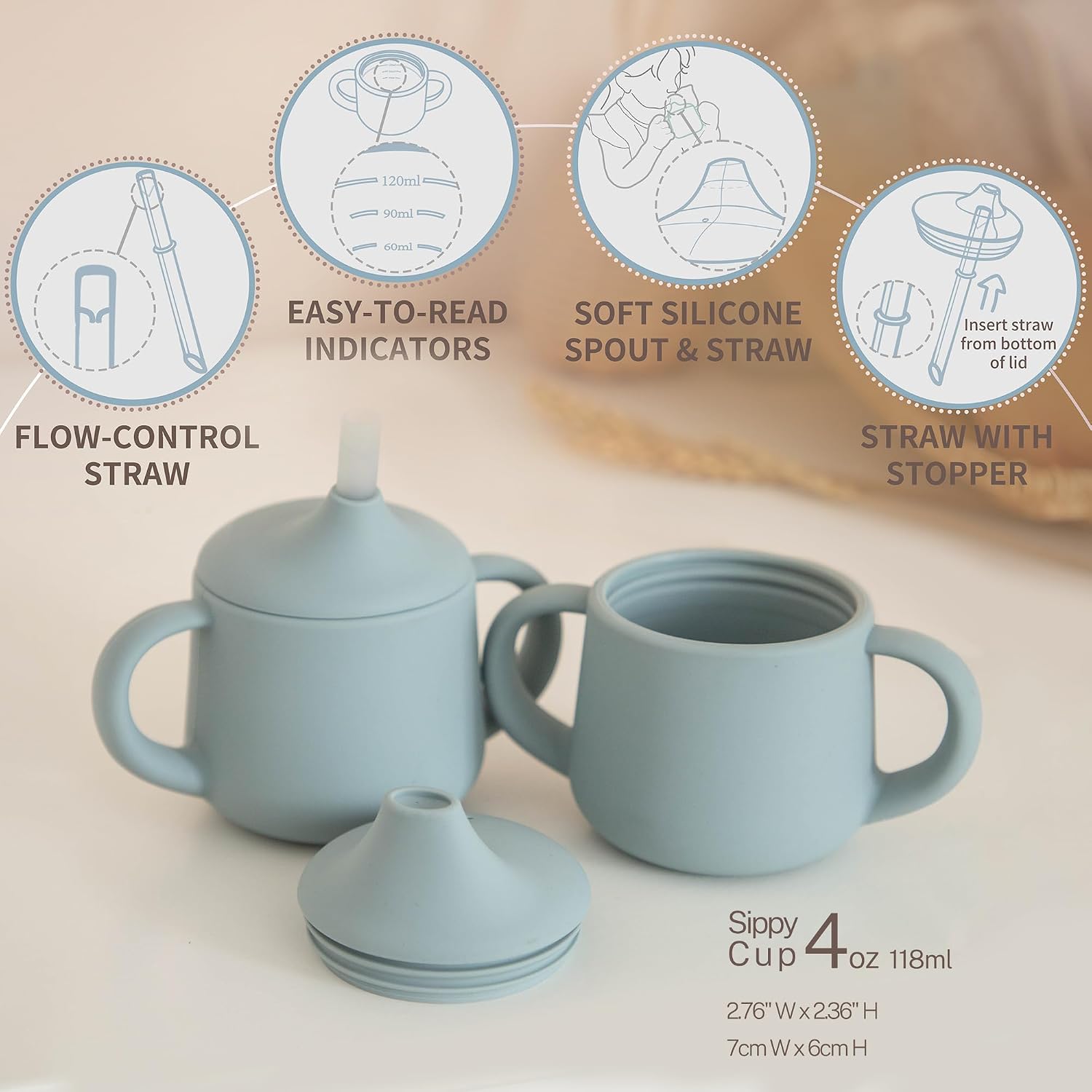 Detalle de Moonkie 4 oz Silicone Baby Training Cup, 3-Stage Sippy, Straw and Open Cup