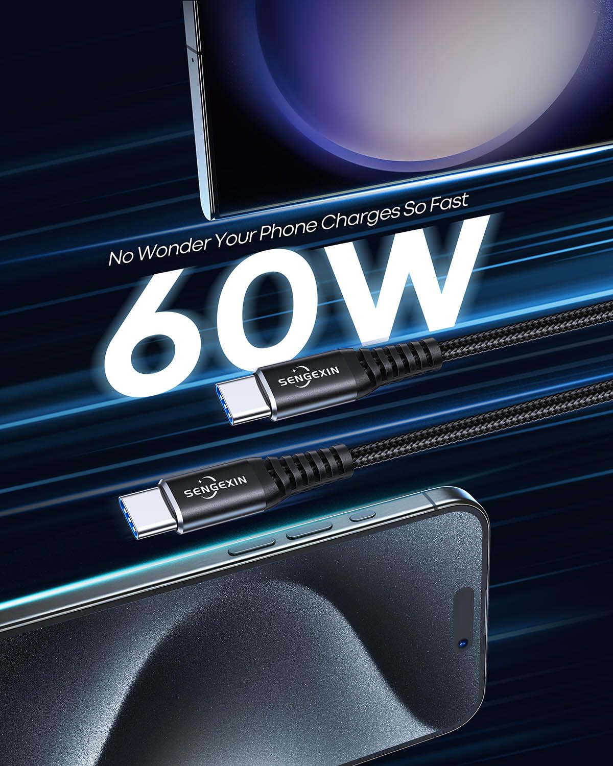 Detalle 2 de SENGEXIN 60W 2M USB-C to USB-C Charger Cable for iPhone 15 and More