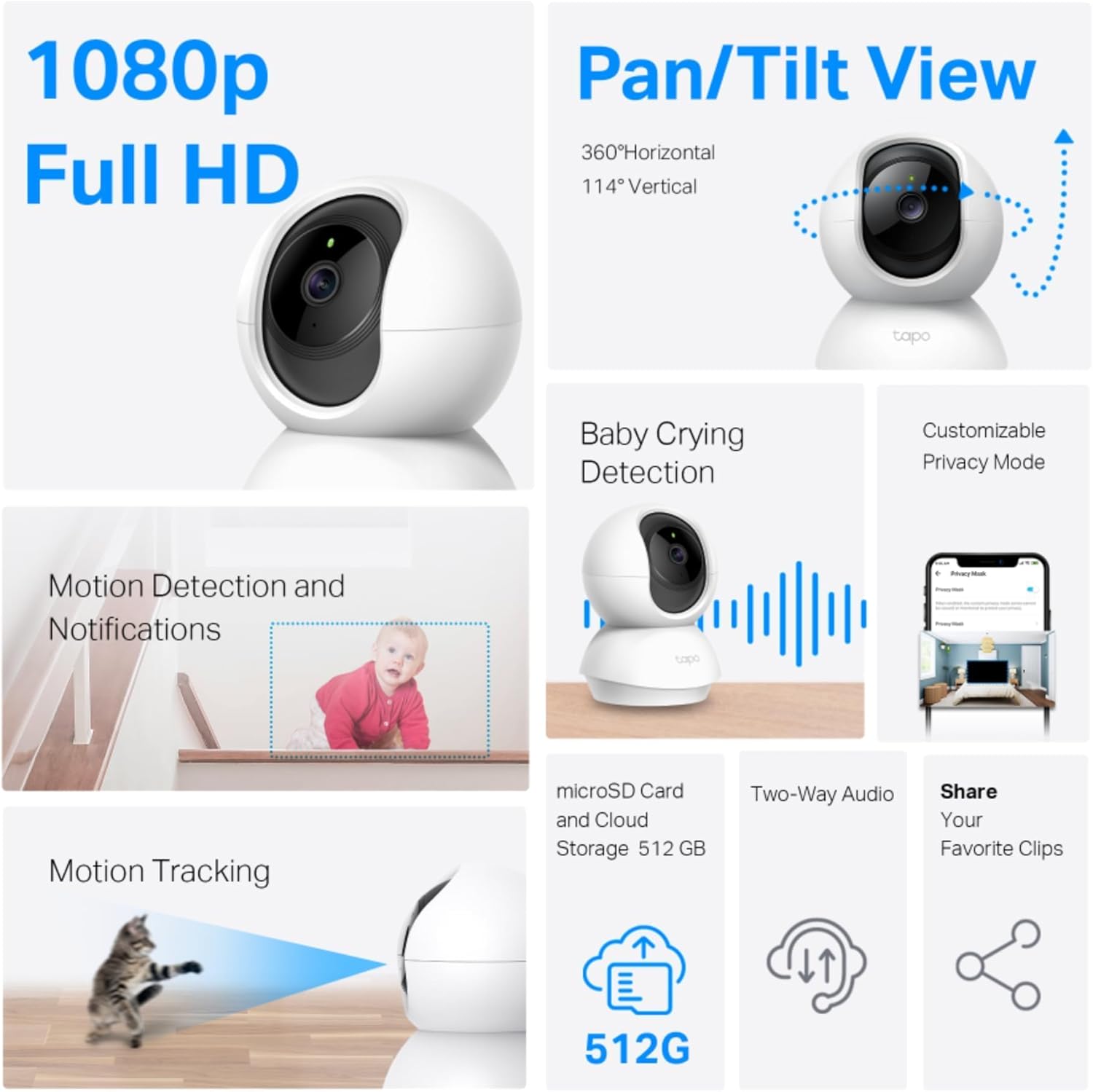 Detalle de TP-Link Tapo C200 2-Pack 1080p Pan/Tilt Indoor Camera (C200P2) with Night Vision, Motion Alerts & Two-Way Talk