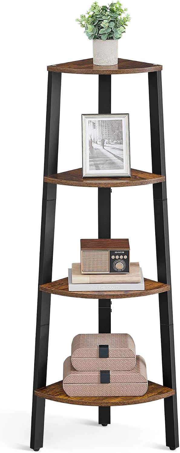 Detalle de VASAGLE ULLS34X 4-Tier Corner Shelf, Rustic Brown and Matte Black