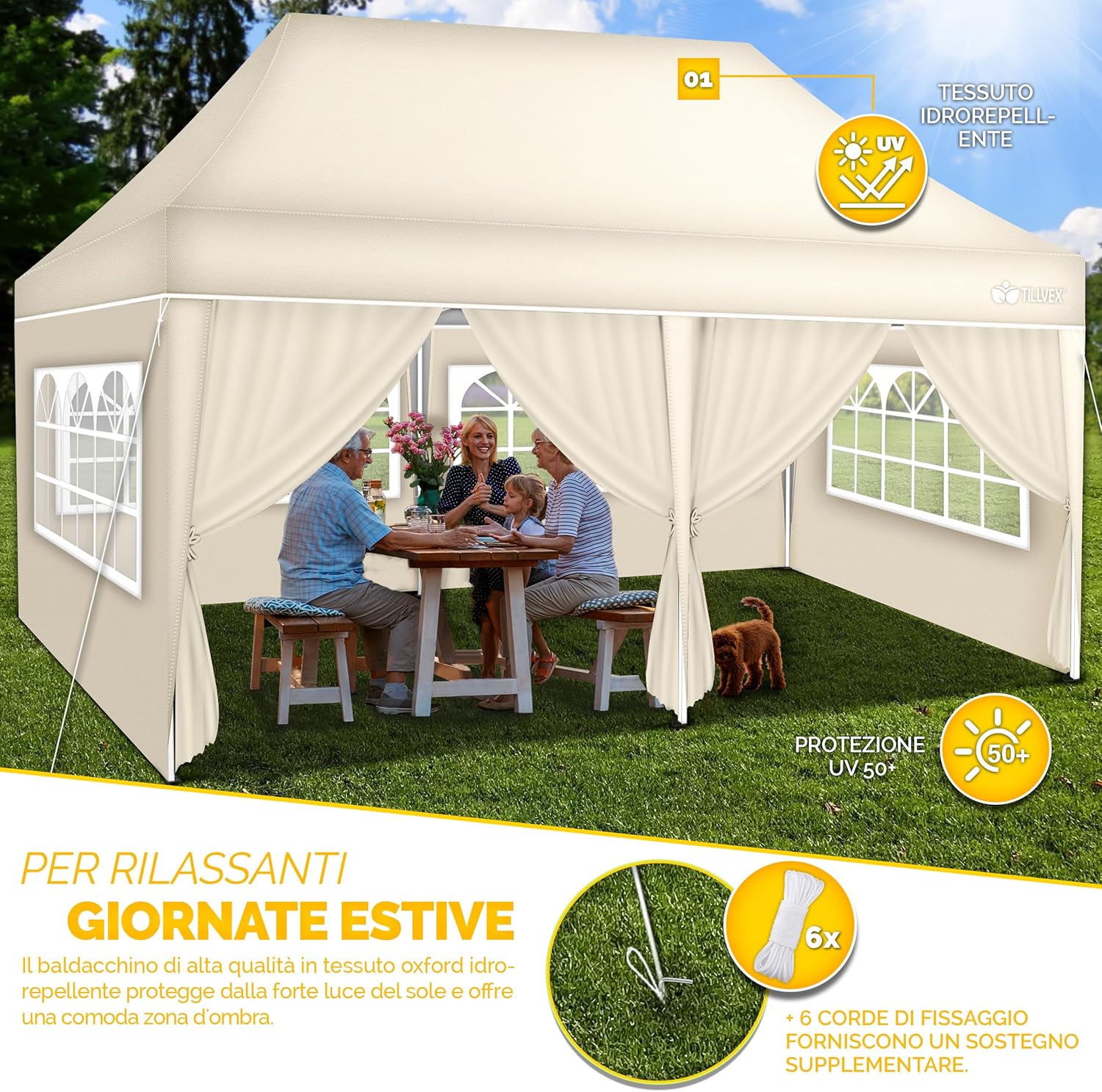 Thumbnail 2 de Gazebo tillvex 3x6 m pieghevole regolabile in altezza con tenda pop-up impermeabile UV 50+ e 6 pannelli laterali (beige)
