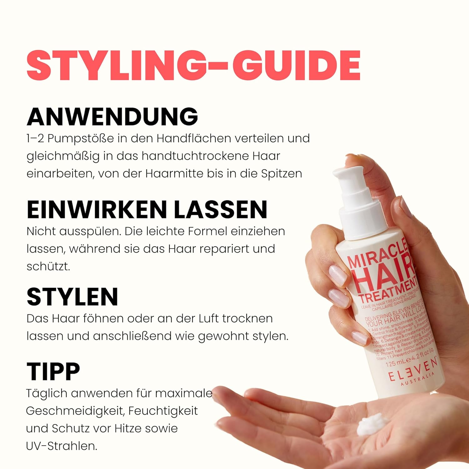 Detalle de ELEVEN AUSTRALIA Miracle Hair Treatment – Leave-In für trockenes Haar, Hitzeschutz & Glättung (125 ml)