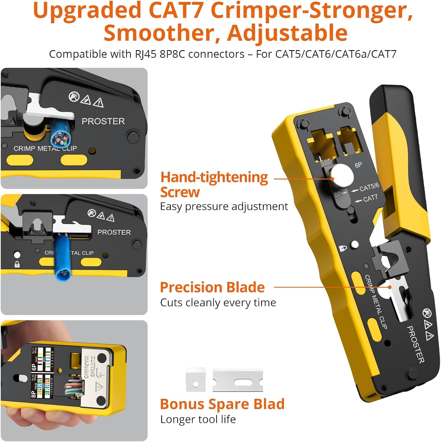 Thumbnail 1 de Proster pinza crimpatrice RJ45 CAT7 con passante e kit completo (20 connettori + tester di rete ricaricabile)