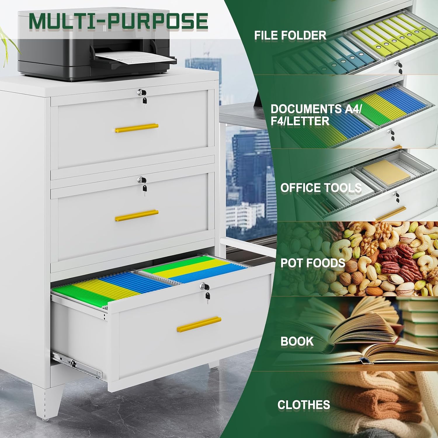 Detalle de erosoei FXY-2D-004 3-Drawer Metal Lateral File Cabinet with Lock