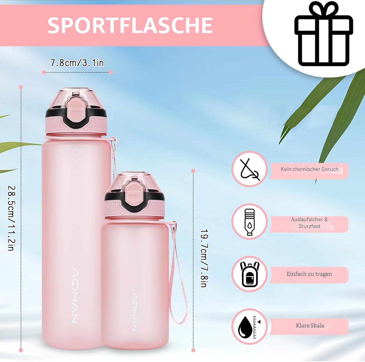 Detalle de AOHAN Trinkflasche 1L mit auslaufsicherem Klappdeckel – BPA-frei, spülmaschinenfest und mit Stroh