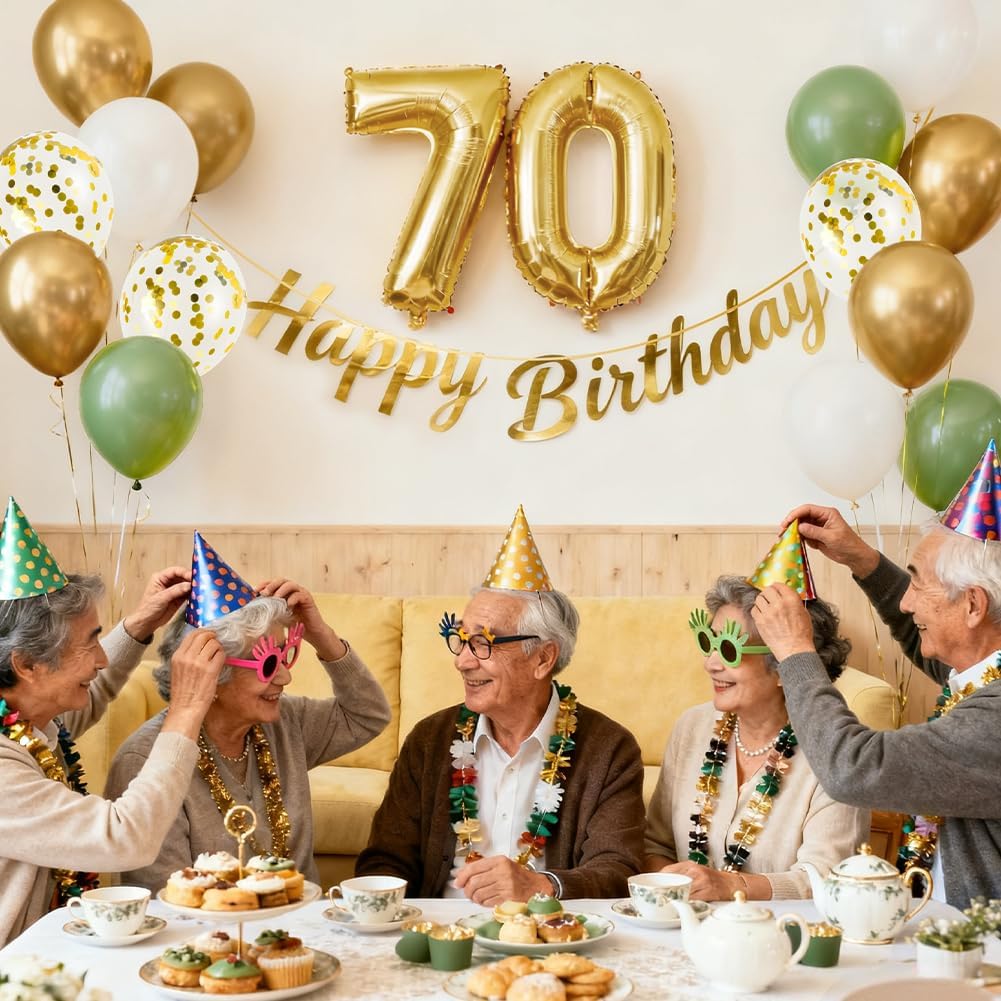Detalle 2 de Alaoo 40-årsballonger i grönt och guld med banner och tårtdekorationer