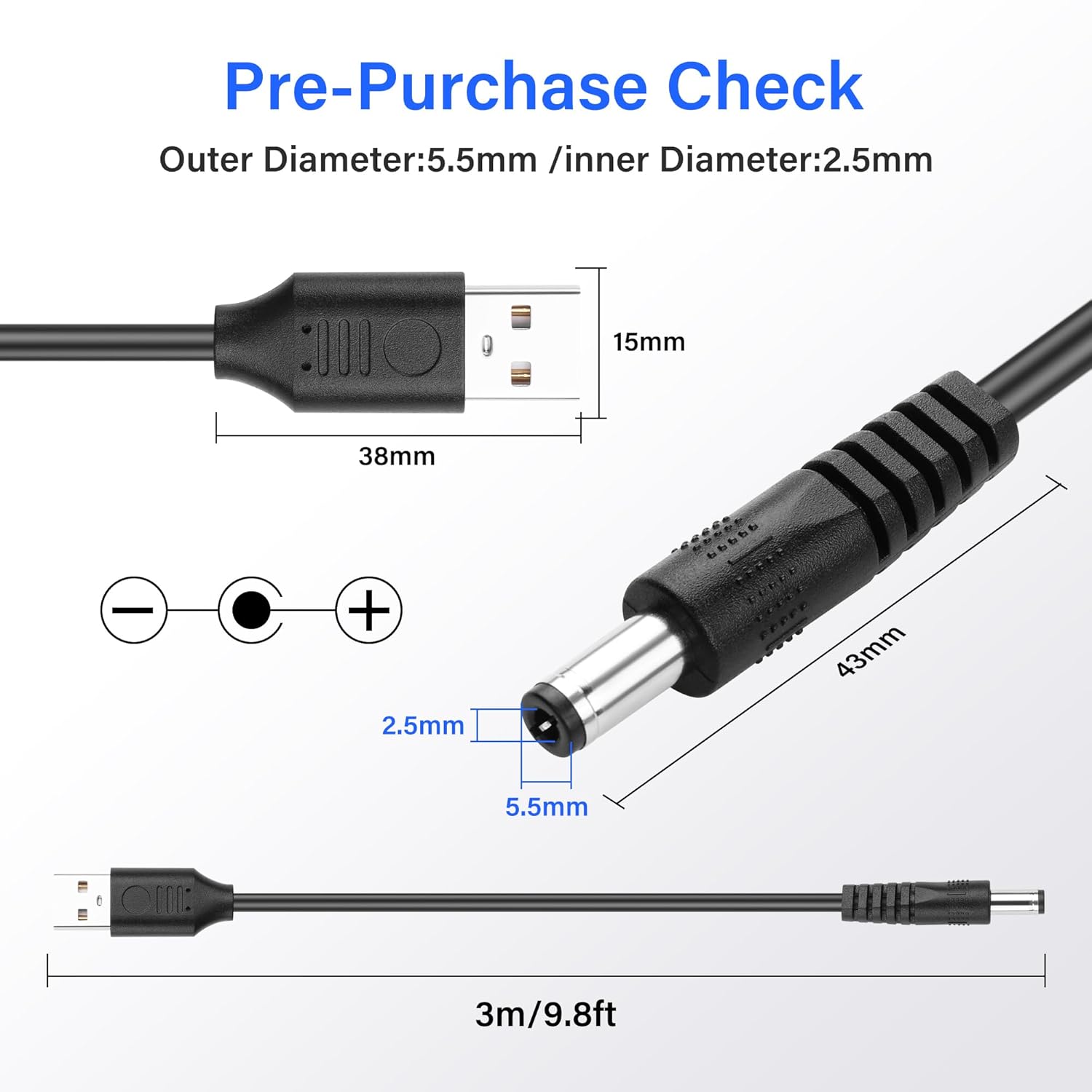 Thumbnail 1 de SinLoon USB to DC 5.5x2.5mm Power Cord 5V 3A (10ft) – 2 Pack