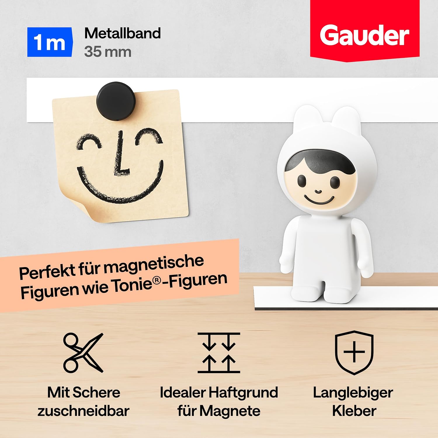 Thumbnail 1 de GAUDER Metallband selbstklebend – Ferroband für Tonie-Figuren & Regale, 1 m × 35 mm, weiß