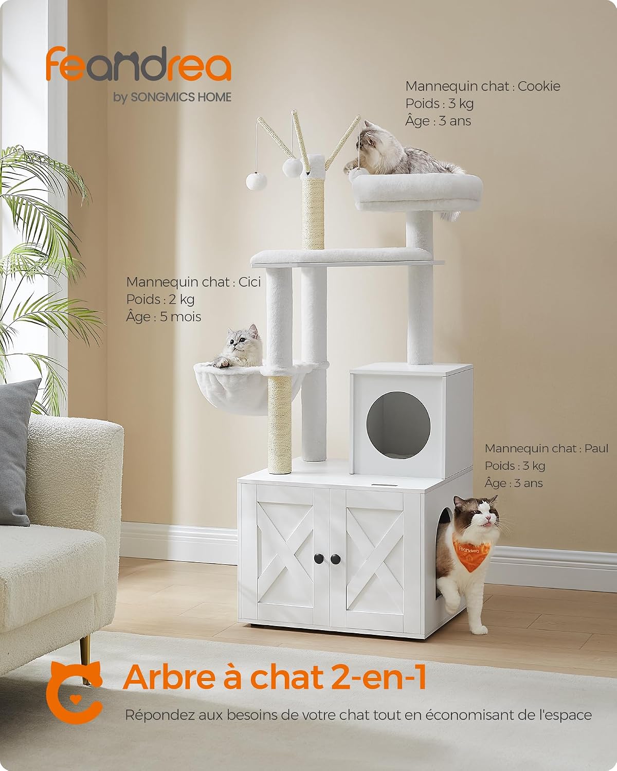 Thumbnail 1 de FEANDREA HAINS PCT113W01 krabpaal met kattenbaknis, sisal en afneembare pompons