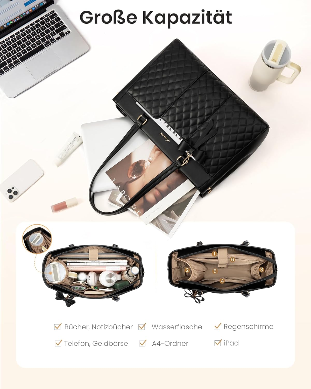 Thumbnail 3 de LOVEVOOK Damen Handtasche groß mit Laptopfach bis 17,3 Zoll – Steppmuster Arbeitstasche & Shopper